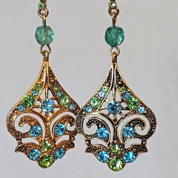 Gold Tone Filigree Blue and Green Crystal Dangle Earrings - Picture 2 of 4